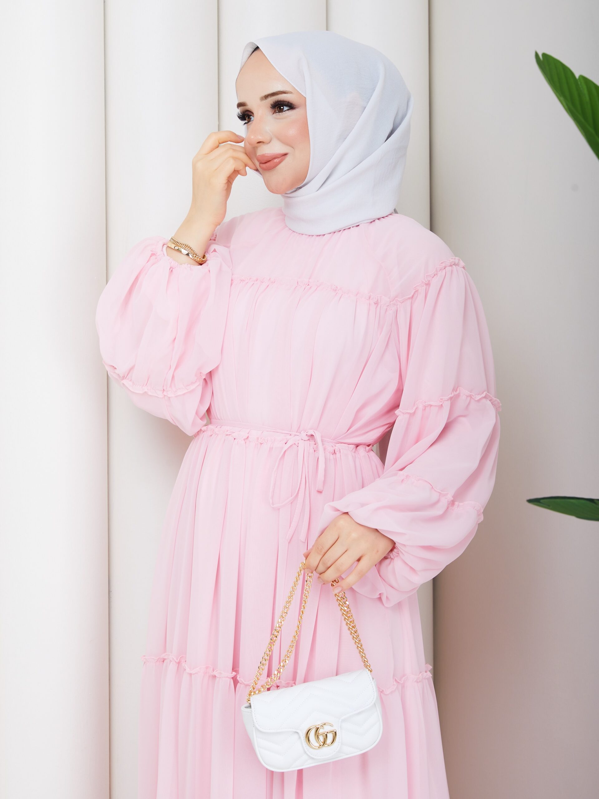 Şifon Elbise Pembe Renk