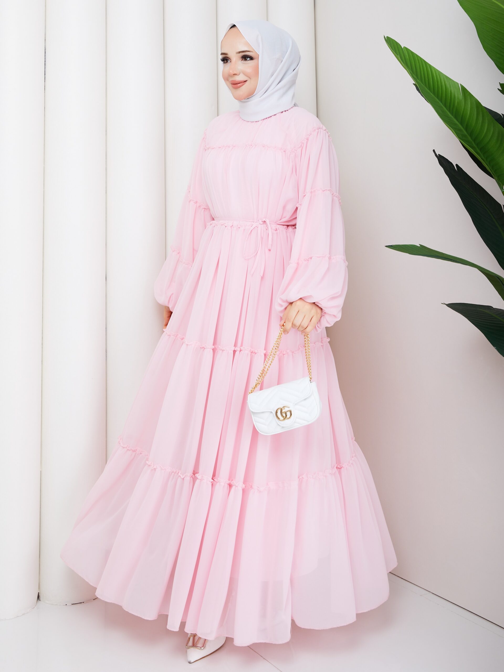 Şifon Elbise Pembe Renk