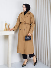 Ruzgarlikli uzun trenckot camel