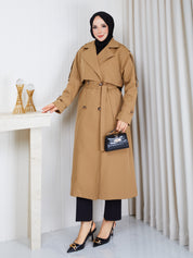 Ruzgarlikli uzun trenckot camel