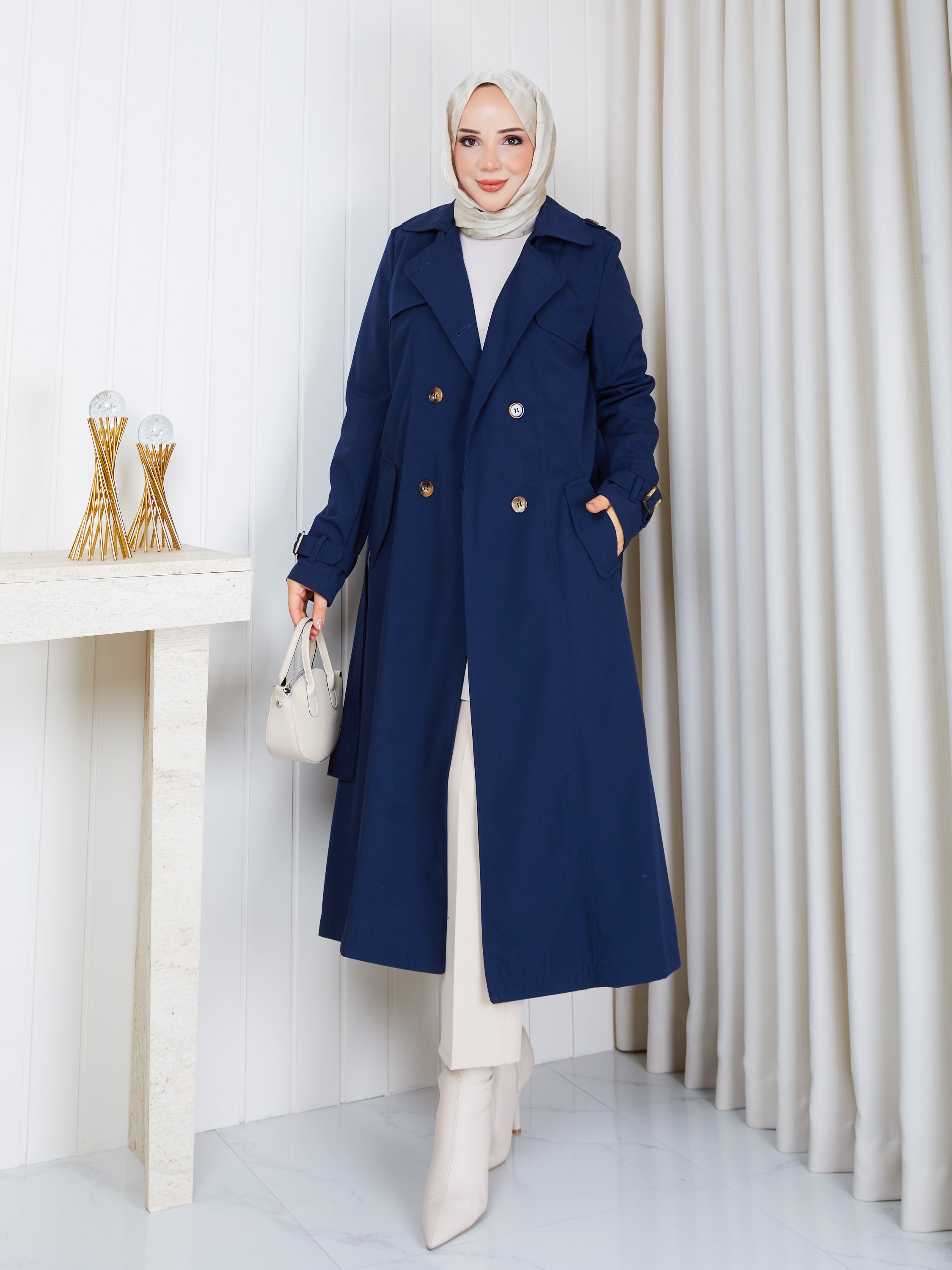 Kemerli trenckot indigo